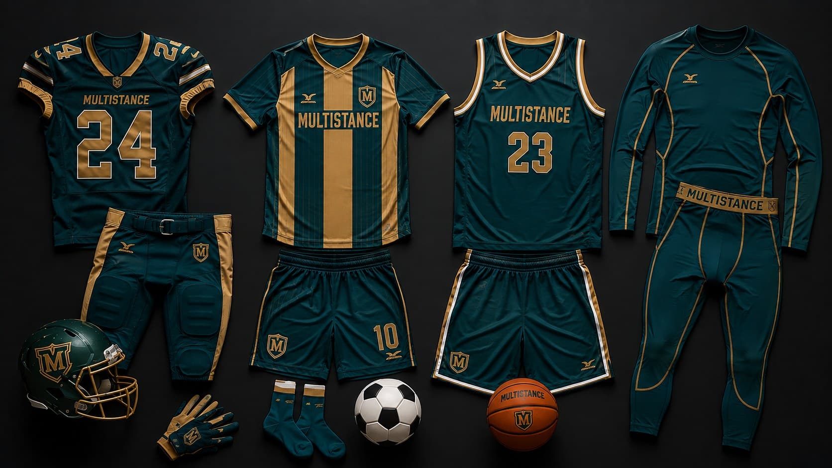 Multistance International custom uniforms — American football, soccer, basketball, and fitness apparel